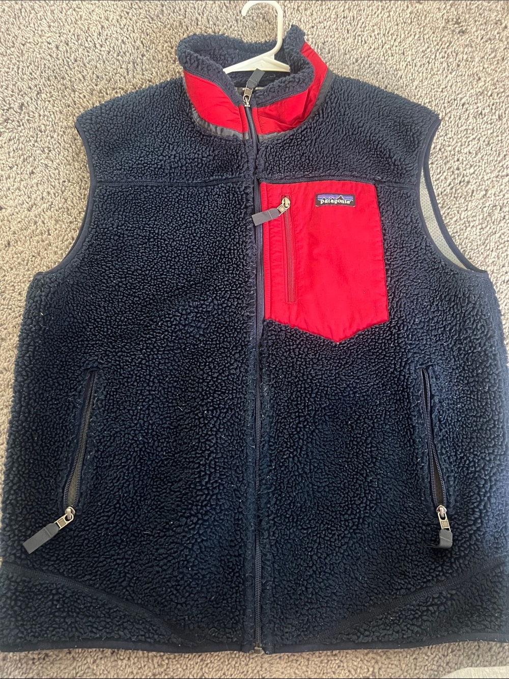 Patagonia Men’s Navy Sherpa Fleece Vest with Red Chest Pocket